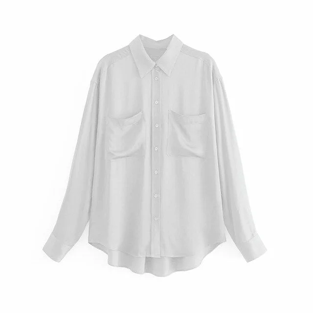 Women Vintage Satin Blouse Casual Solid Shirt 2019 Soft Turn Down Collar Office Shirt Long Sleeve Pocket Green Blouse Top Blusas