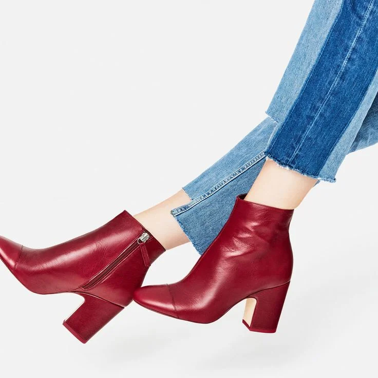 Burgundy Zip-Up Chunky Heel Ankle Boots Vdcoo