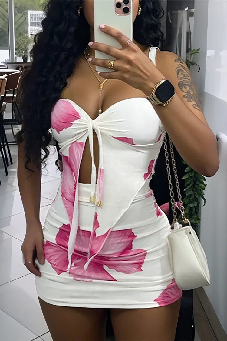 Strapless Tie Up Slit Irregular Top Floral Print Ruched Mini Skirt Set-OffWhite