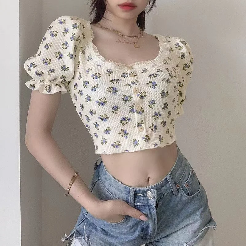 Uveng Uveng Summer Vintage Floral Short T-Shirt Women's Collar Puffed Sleeves Show Navel Top Fashion