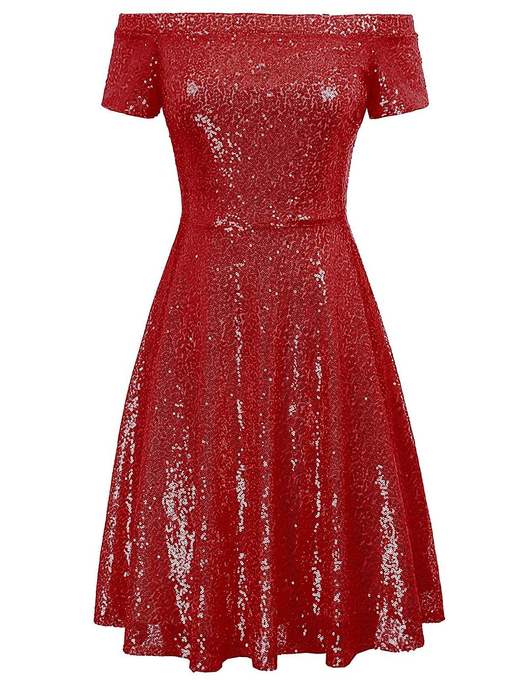 Women Sequin Bridesmaid Short Sleeve Strapless Ruched Evening Dress