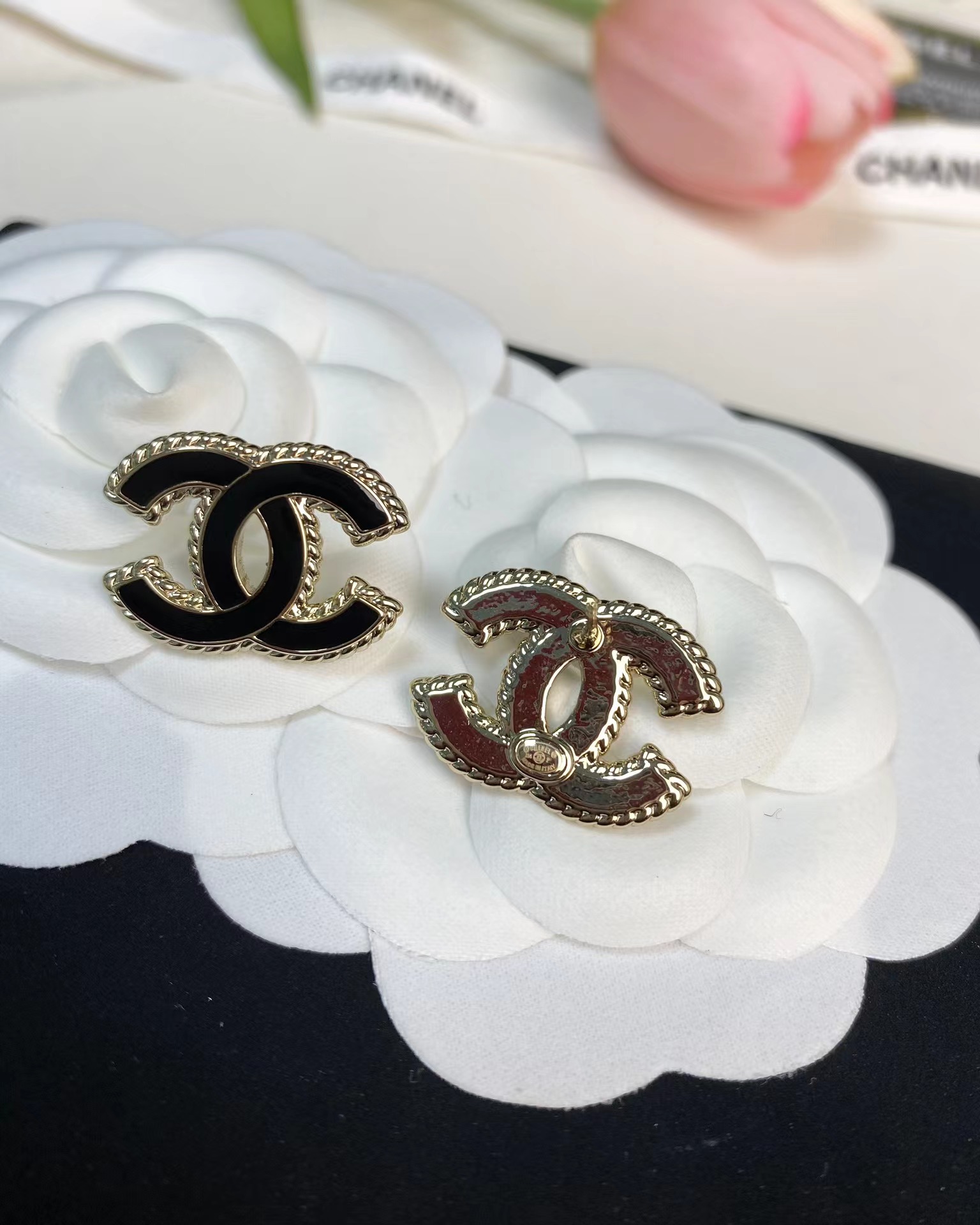 Buy replica Chanel Gold Edge Black Double C Earring and replica jewelry from PICKS Jewelry