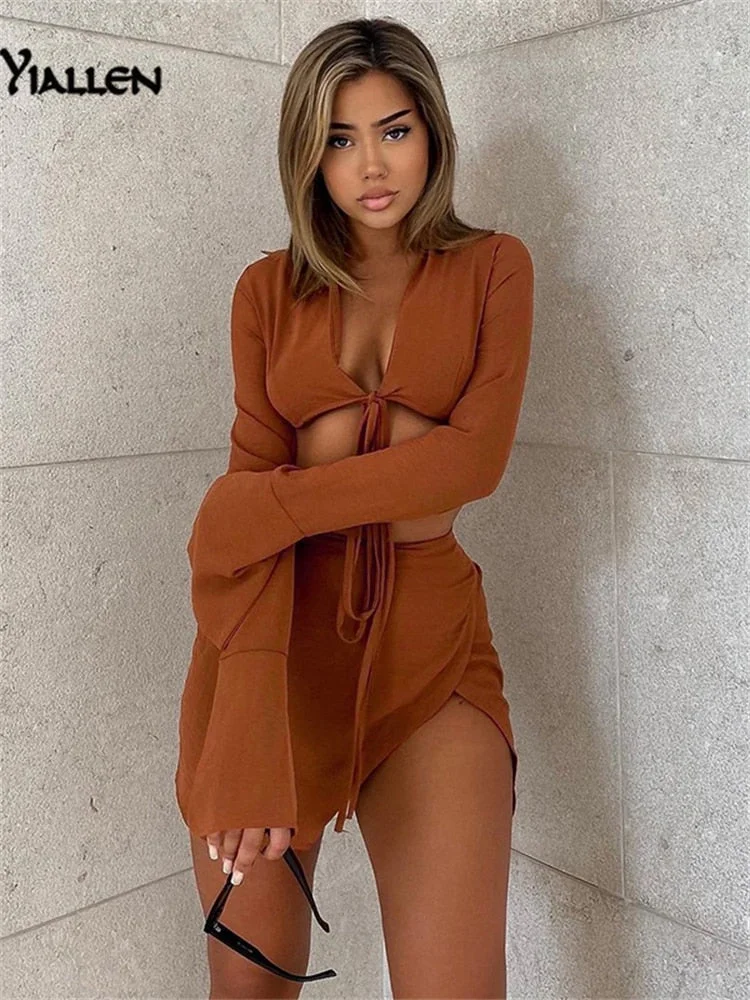 Yiallen Summer New Women Set Solid V Neck Long Sleeve Lce Up Short Top And High Waist Mini Skirt Sexy Street Two Pieces Set