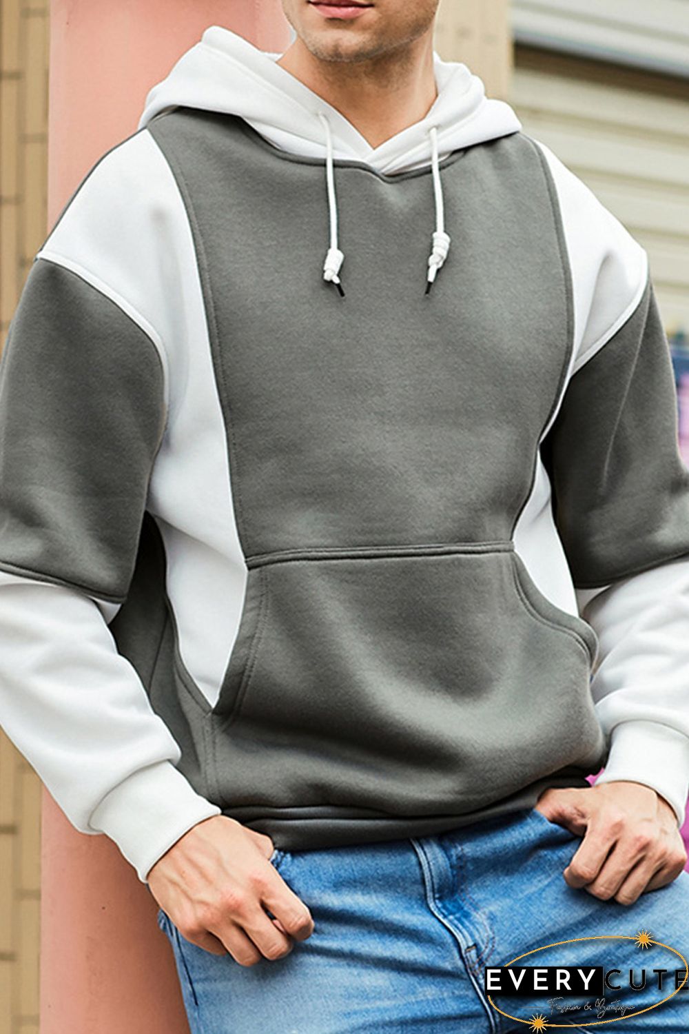 White Men Colorblock Pullover Long Sleeve Hoodie