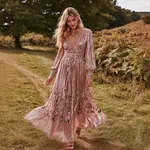 Women's Sequined Rose Shimmering V-neck Long Sleeve Dress - Image 2