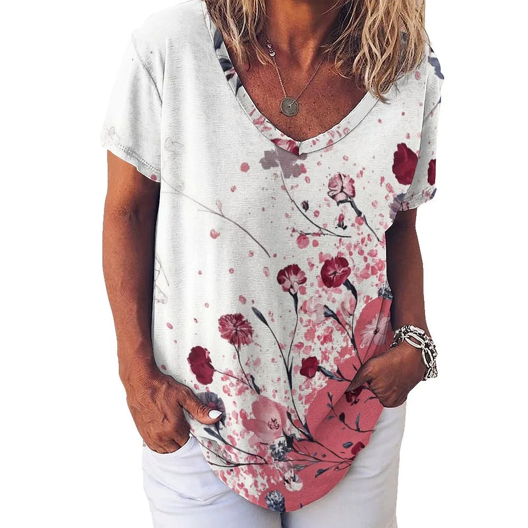 V-neck Short Sleeve Casual T-shirt for  Women Printed with Pattern Floral, Colorful, Pink, Red