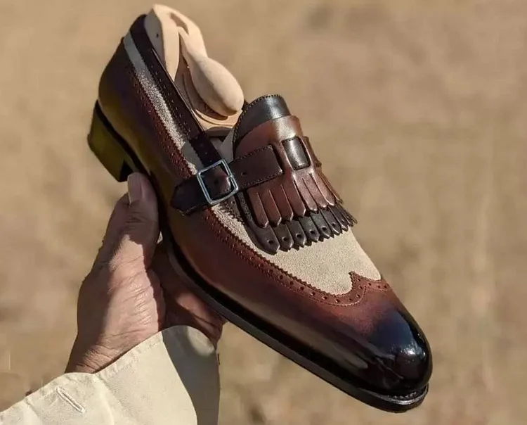 Handmade mens two tone fringe shoes, Mne real calf leather dress shoes