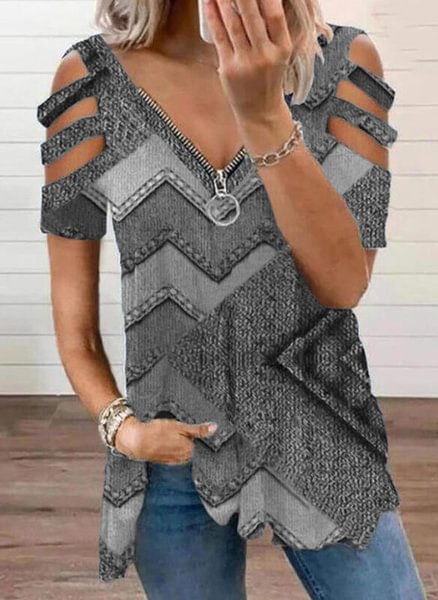 Women's T-shirt Summer New Fashion Women's Wave Geometric Print Short Sleeve Zipper V-neck Casual T-shirt Loose Soft and Comfortable Top Shirt Plus Size XS-5XL - Shop Trendy Women's Fashion | TeeYours