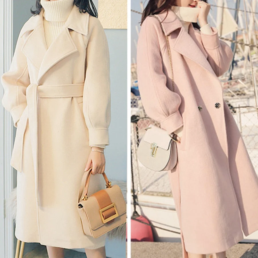 Long Office lady Elegant Collar Loose 2021 New Fashion Winter Outerwear Woolen Overcoat Woman Femme Hiver Wool Coats