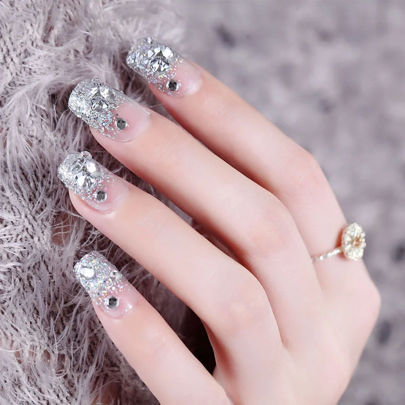 3D Bling Glitter False Fake Nails Crystal Stick on Medium Length Acrylic Nail White Press on Glossy Rhinestone Finger Wear Nails-Nail Inspo