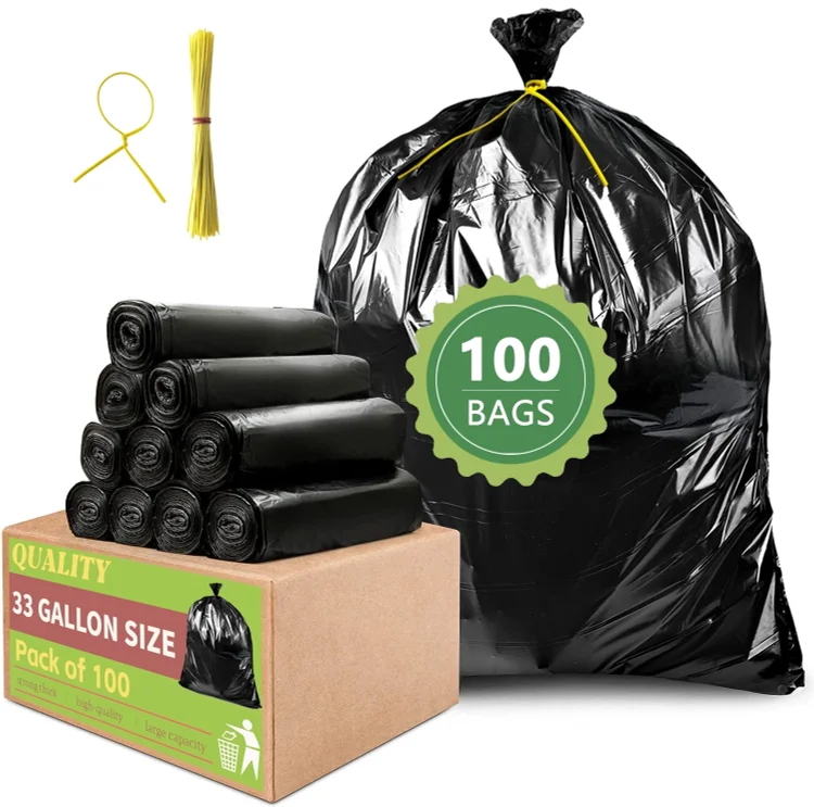 33 Gallon Trash Bags (100 Count), Garbage Bags 30-32 Gallon, High Density Bags with Tying Ropes