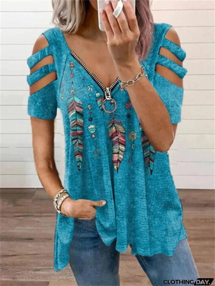 Special V-Neck Zipper Feather Print Short Sleeve T-Shirt