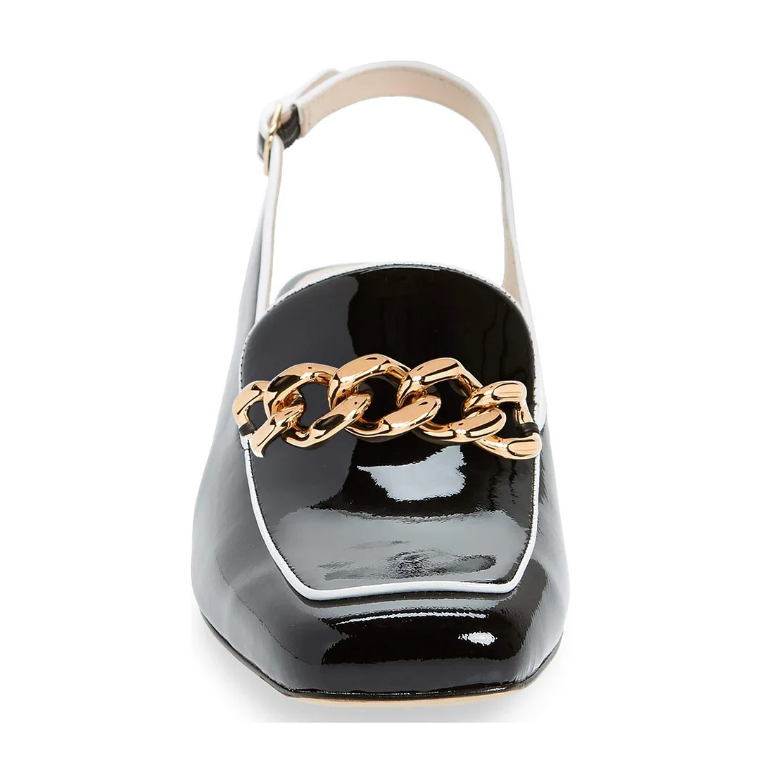 Shiny Black Patent Leather Block Heel Gold Chain Slingback Loafers 