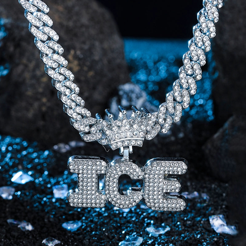 1PC New Arrival Gold Jewelry Man Silver Plated Color Letter ICE Charm Necklace Bling Bling Hip Hop Crown Design Jewelry With Cuban LInk Chain