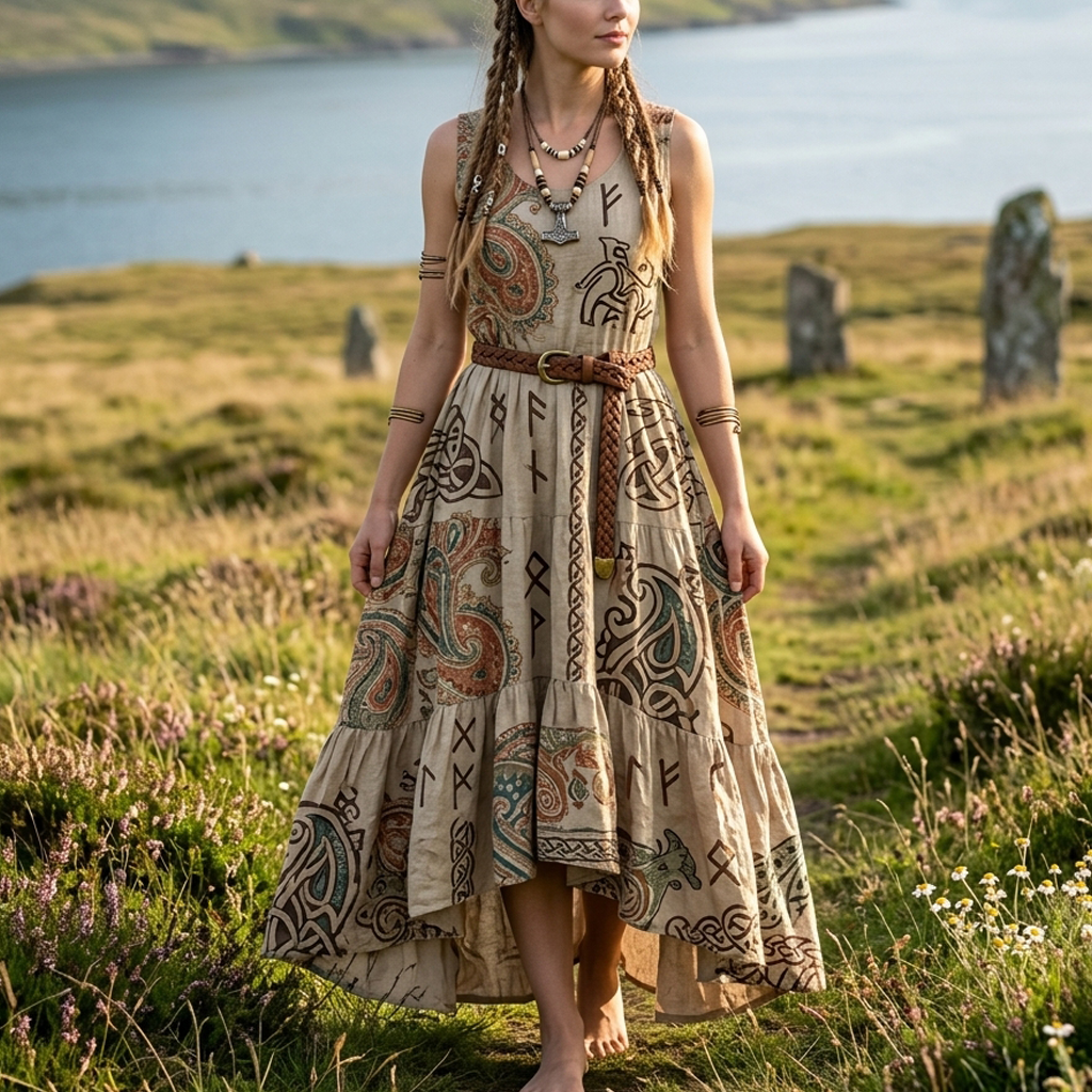 Cotton Linen Viking-Inspired Boho Maxi Dress with Nordic Symbols and Fringed Hem