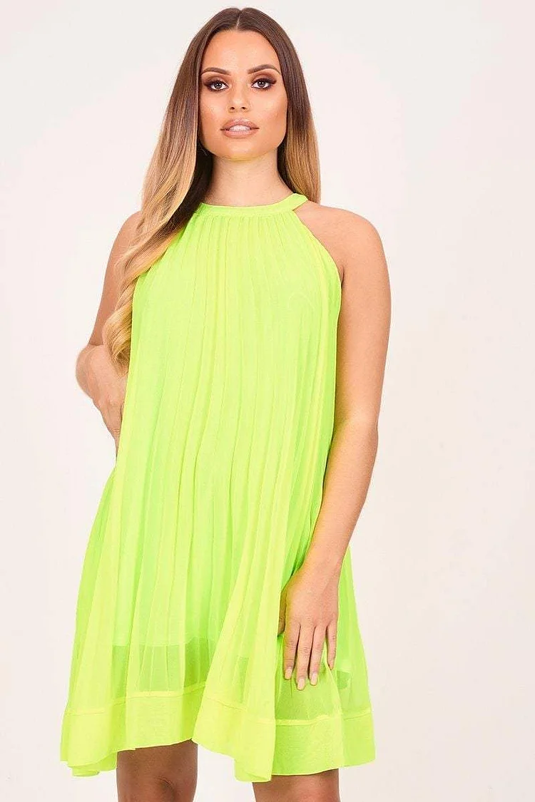 Neon Green Pleated Swing Dress Katch Me