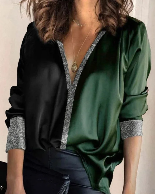 Brownm V-neck Solid Chiffon Color Temperament Commute Satin Long-sleeved Green Pullover