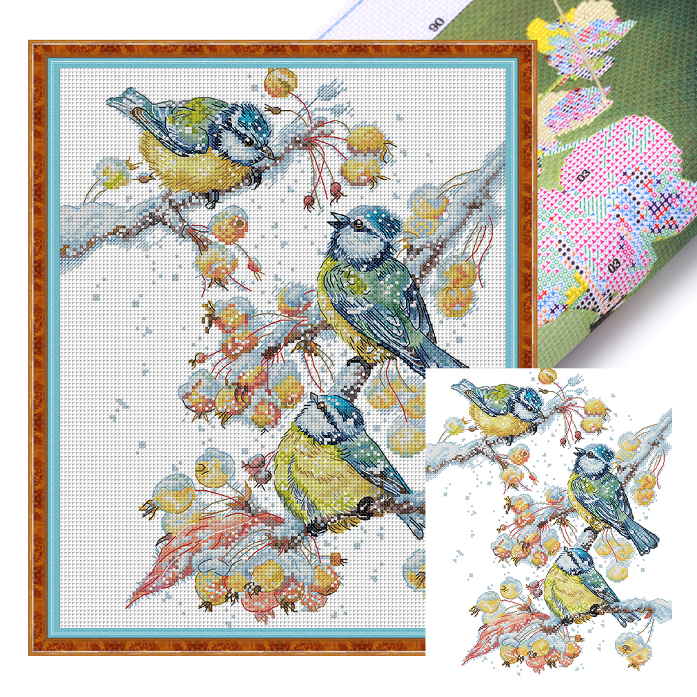 Three Snowbirds Frame Partial 14CT Pre-stamped Canvas(32*38cm) Cross Stitch(backstitch)