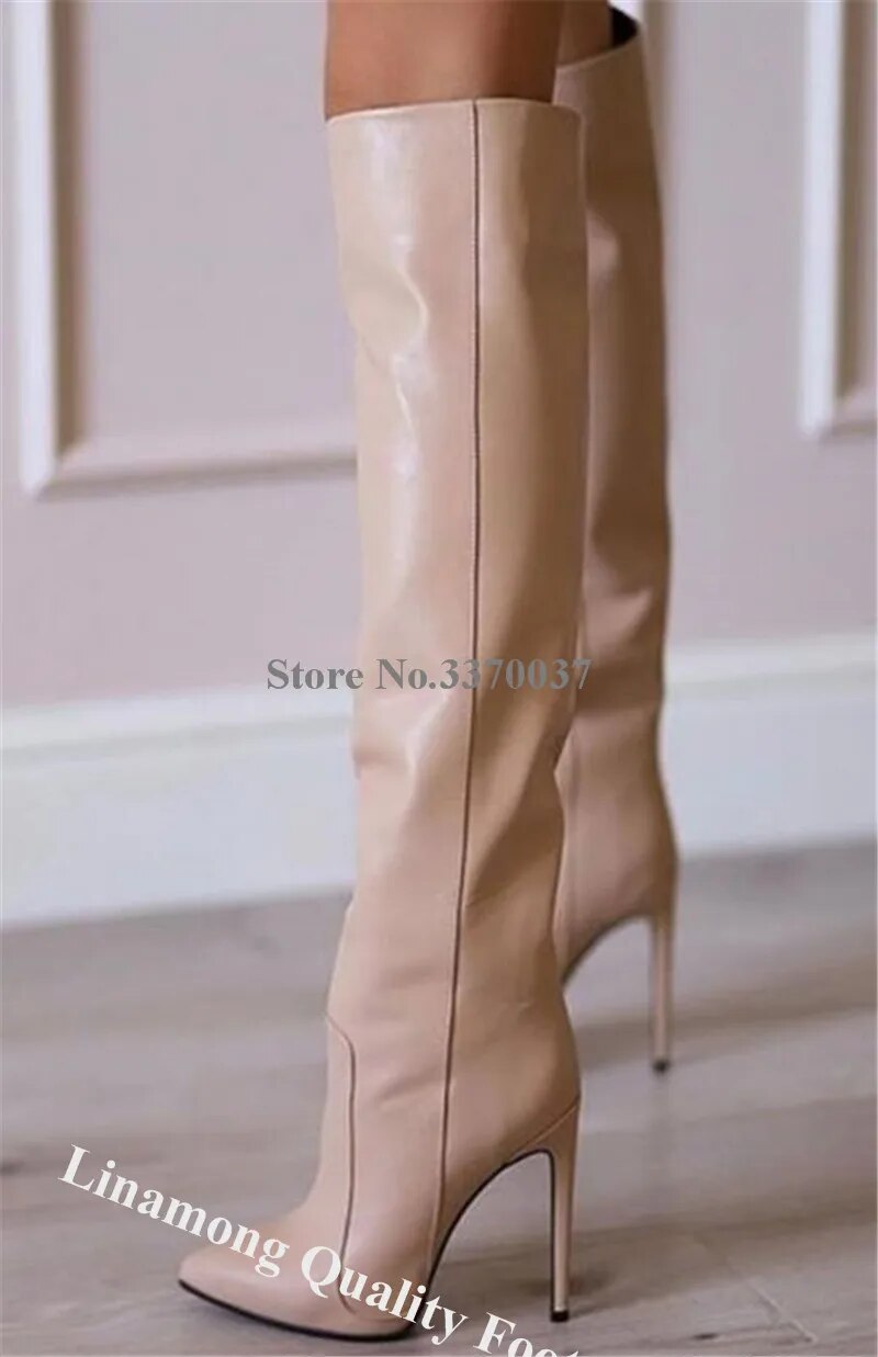 VCSHOES Pointed Toe Stiletto Heel Knee High Boots Brown Black Matte Leather Long High Heel Slim Boots Big Size