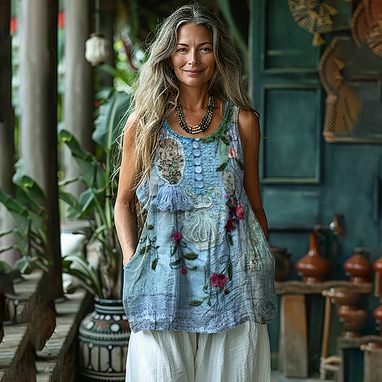 Utbros Vintage Floral Print Sleeveless Linen Blend Tank Top