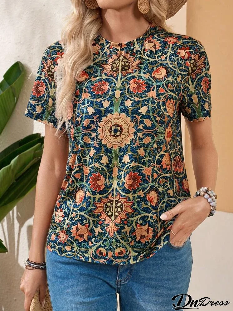 Women's Summer Holiday Floral Printed Round Neck Short Sleeve Casual T-Shirt