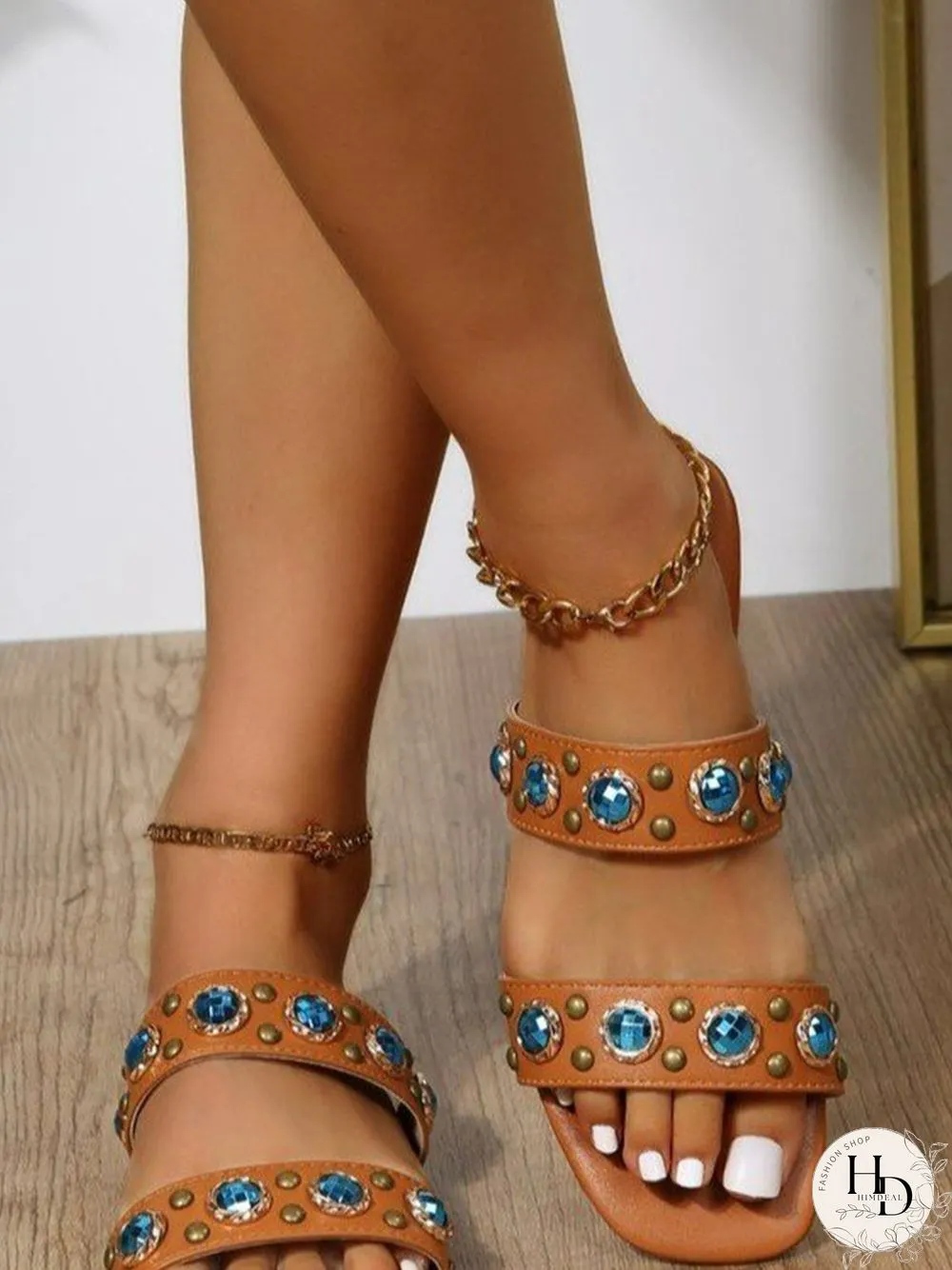 Rhinestone Stud Boho Slides