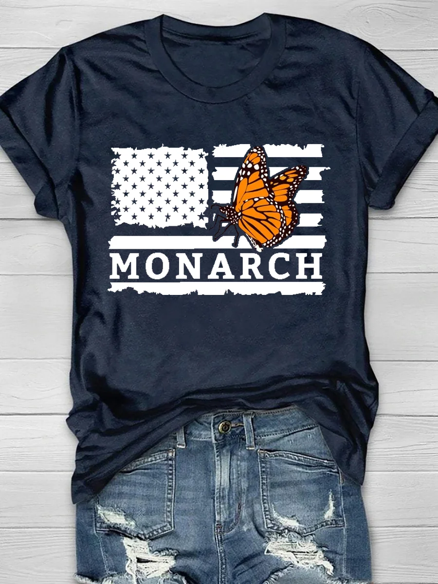Monarch Butterfly Flag Print Short Sleeved T-shirt