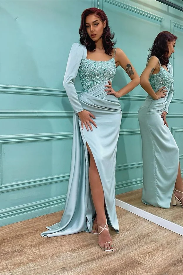 Miabel Elegant One Shoulder Mermaid Long Sleeve Sequins Prom Dress With Split