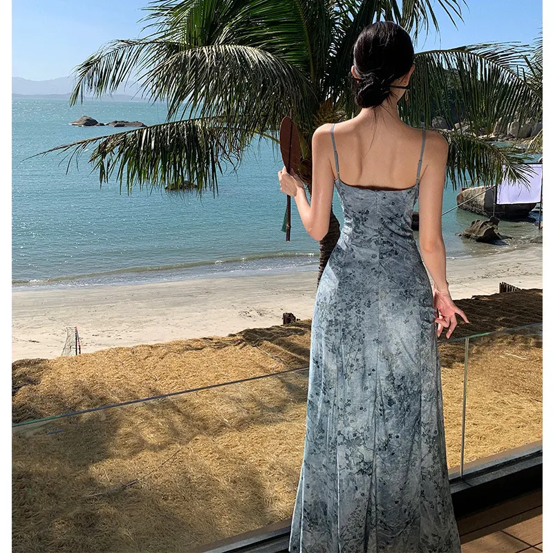 Churchf Churchf New Chinese Style Cold Sense Tie-Dye Ink Blue Halter Dress Temperament Shows White Chinese Style And Literary Wind