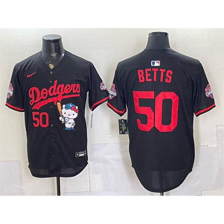 Men's Los Angeles Dodgers #50 Mookie Betts Black Hello Kitty Night 2025 World Series Champions Patch Stitched Baseball Jersey