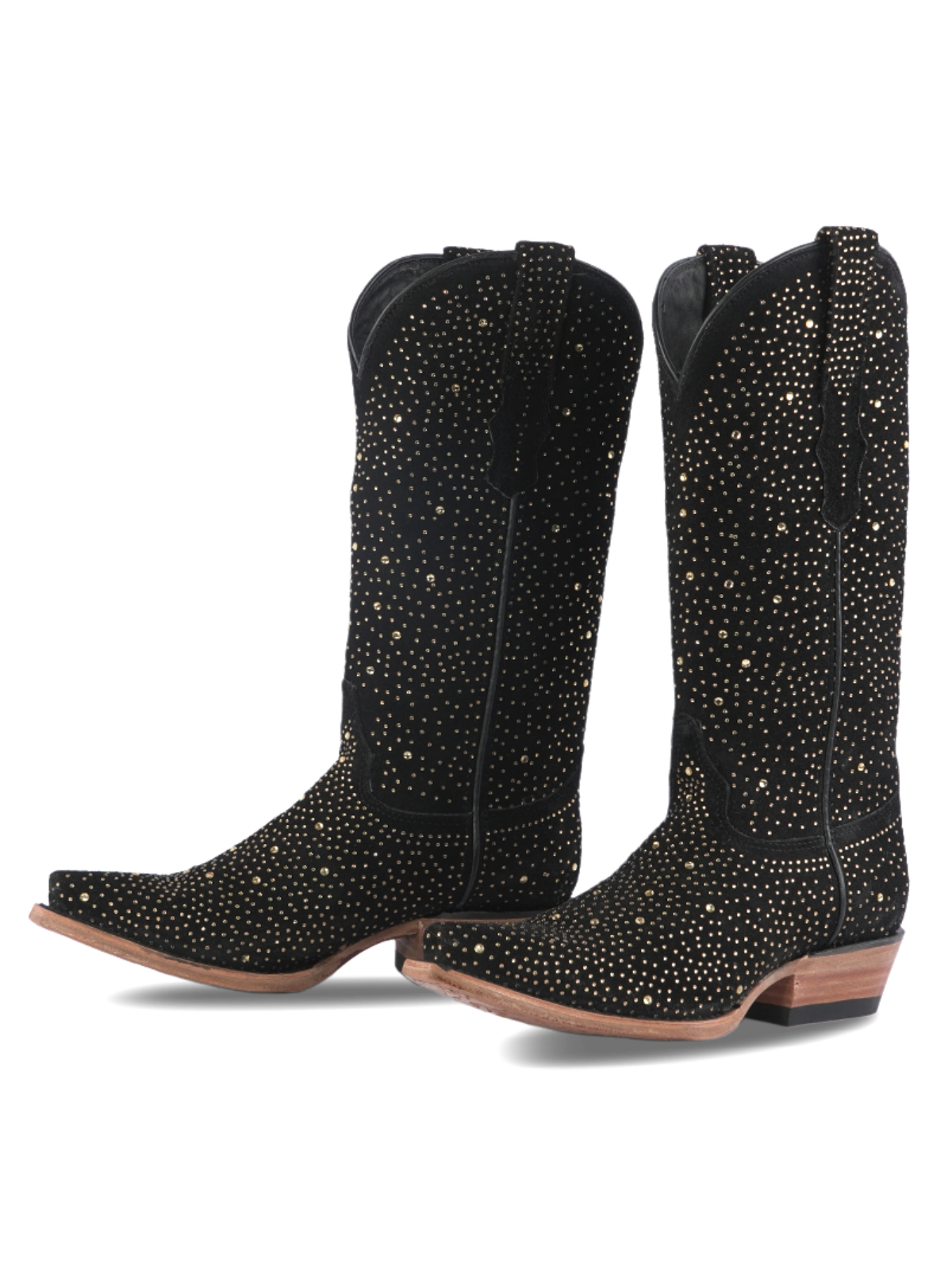 Taafo Black Faux Suede Snip-Toe Rhinestone Wide Mid Calf Tall Cowgirl Boots