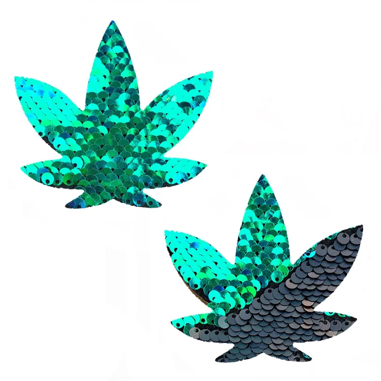 Ariel Green to Black Flip Sequin Dope AF Weed Leaf Nipple Cover Pasties