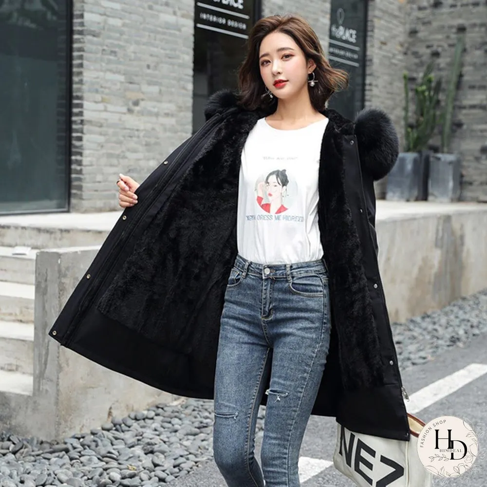 New cotton liner parker parka fashion adjustable waist fur collar winter jacket women
