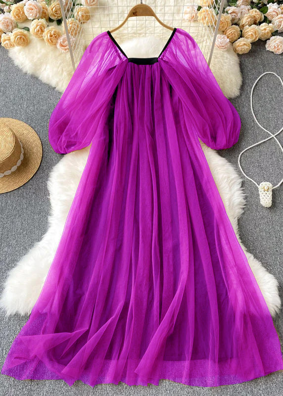 VCSHOES Purple Square Collar Wrinkled Patchwork Tulle Dresses Lantern Sleeve