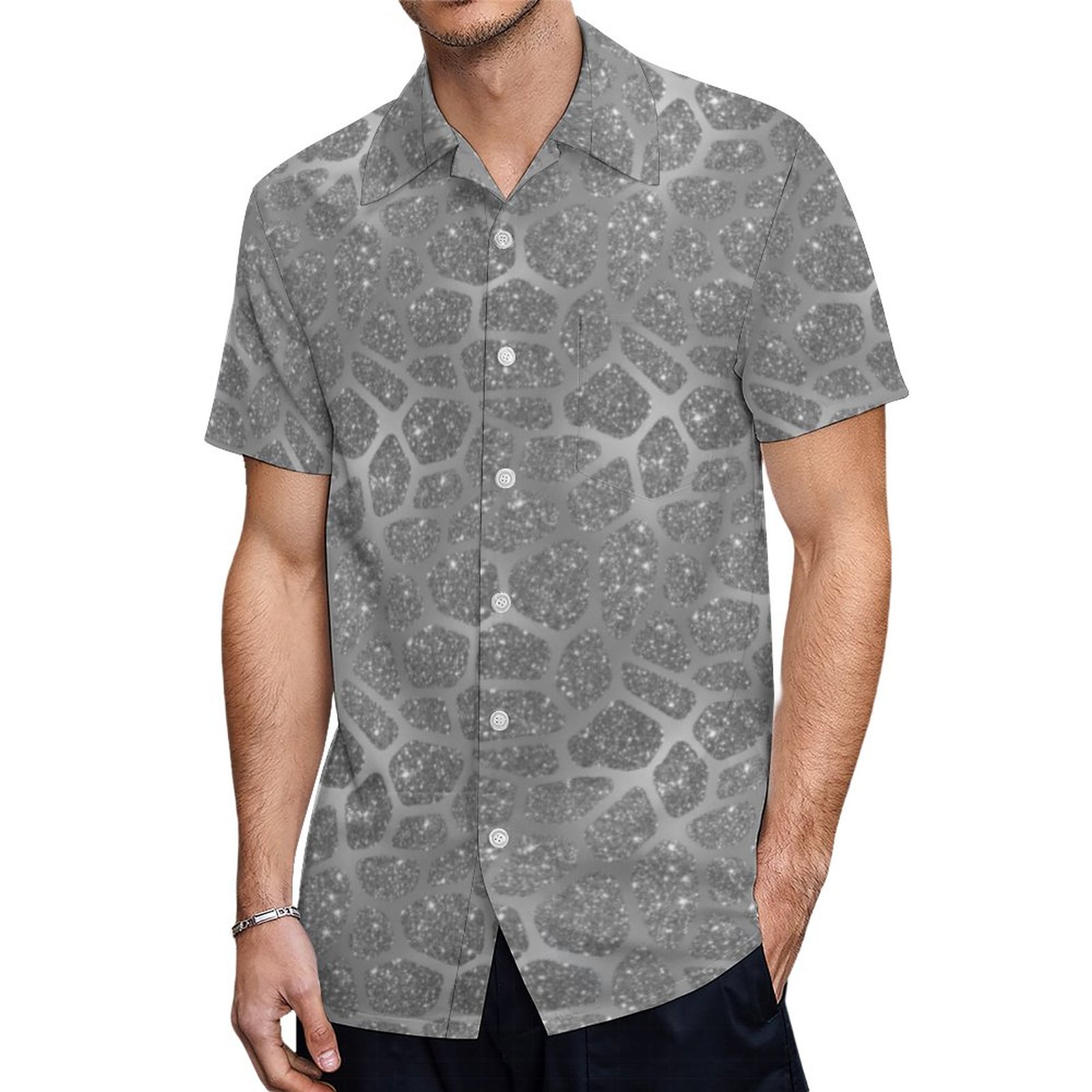 Silver Glitter Giraffe Print Hawaiian Shirt Mens Button Down Plus Size Tropical Hawaii Beach Shirts