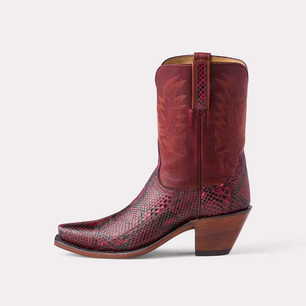 Burgundy Snip Toe Python Embossed Stitching Western Mid-Calf Boots