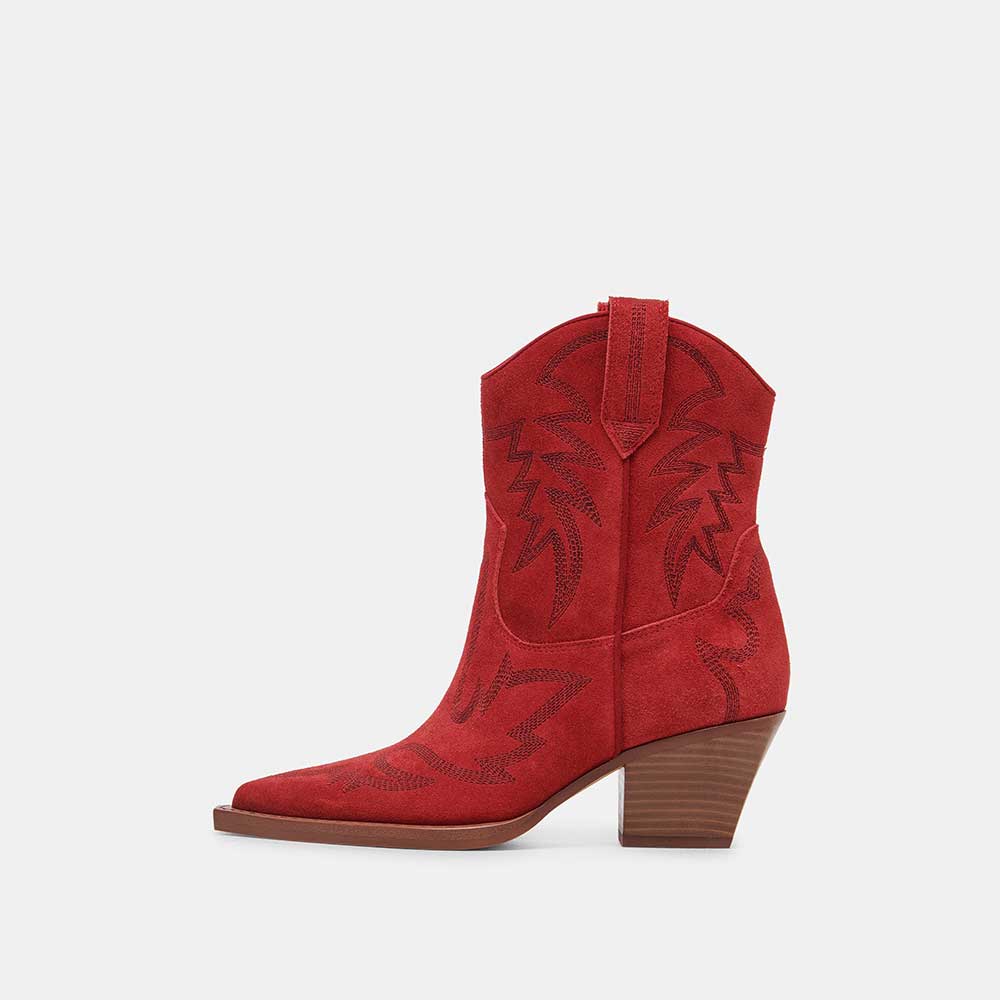 Red Pointed Toe Chunky Heel Embroidered Pull Tab Cowgirl Boots Nicepairs