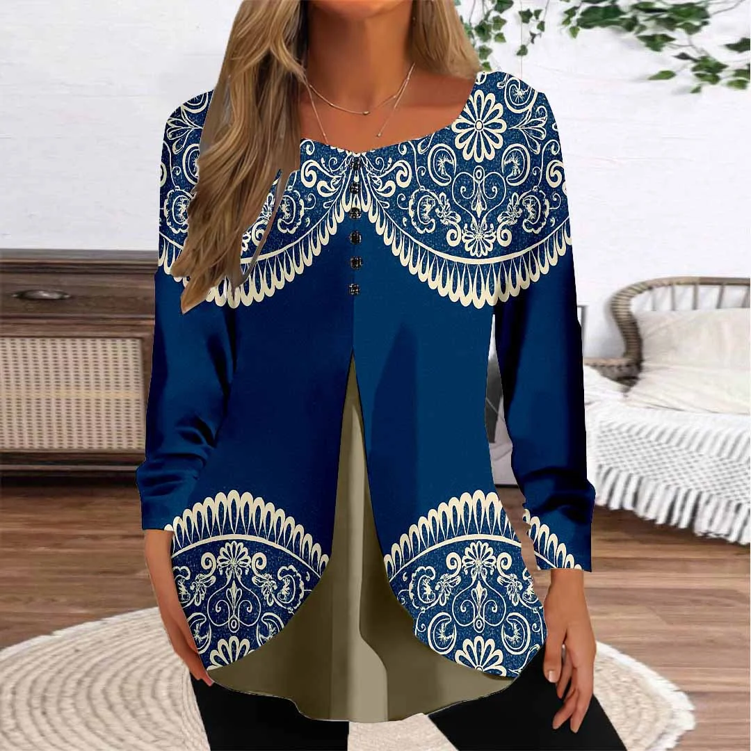 Women Graphic,Blue DZGG8292 Long Sleeve Scoop Neck Printed Graphic Button Fake 2in1 Tops