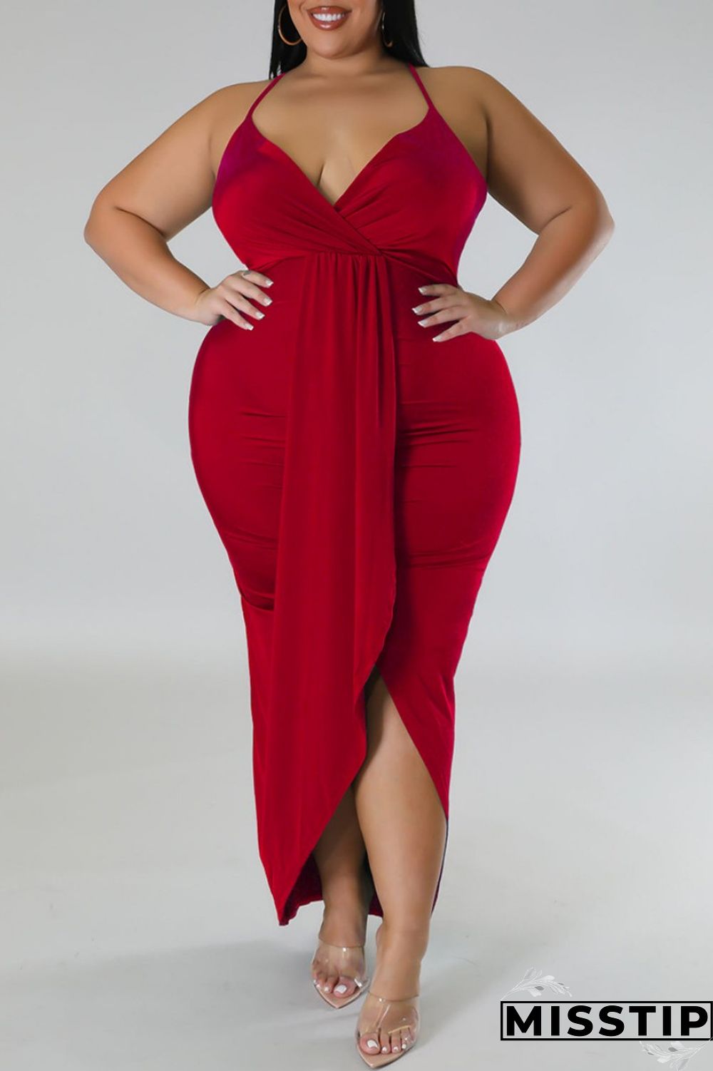 Purple Sexy Solid Patchwork Backless V Neck Sling Dress Plus Size Dresses