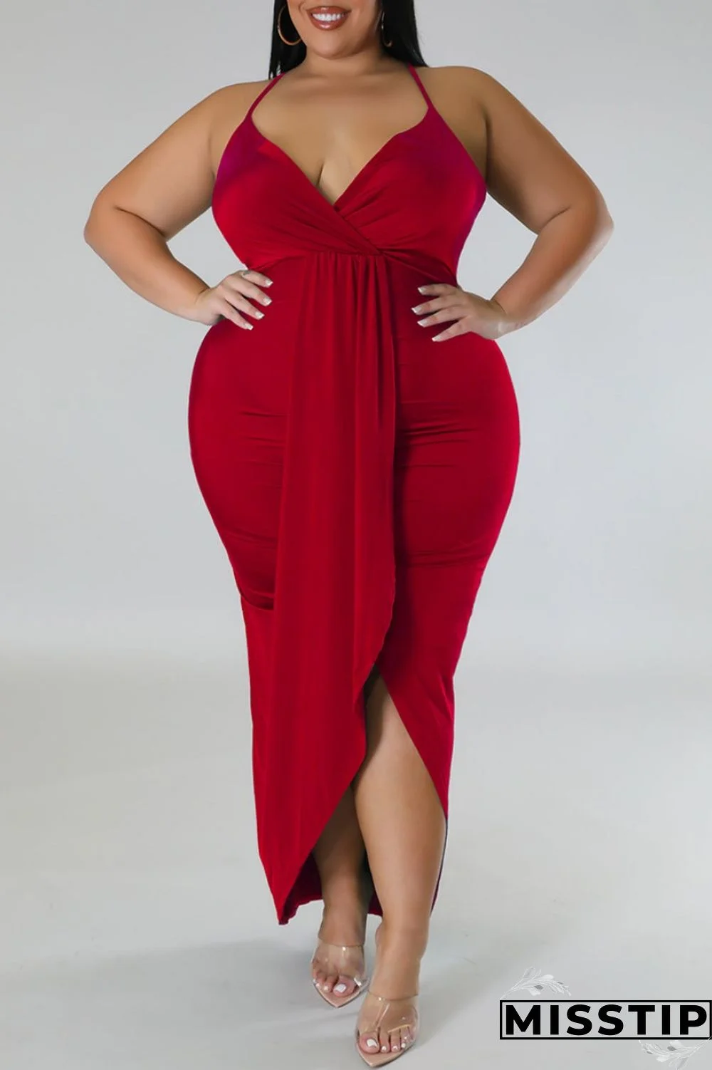 Purple Sexy Solid Patchwork Backless V Neck Sling Dress Plus Size Dresses