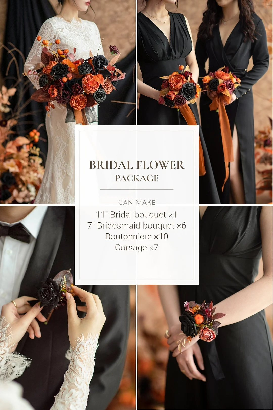 DIY Bridal Flower Set Package in Black & Pumpkin Orange