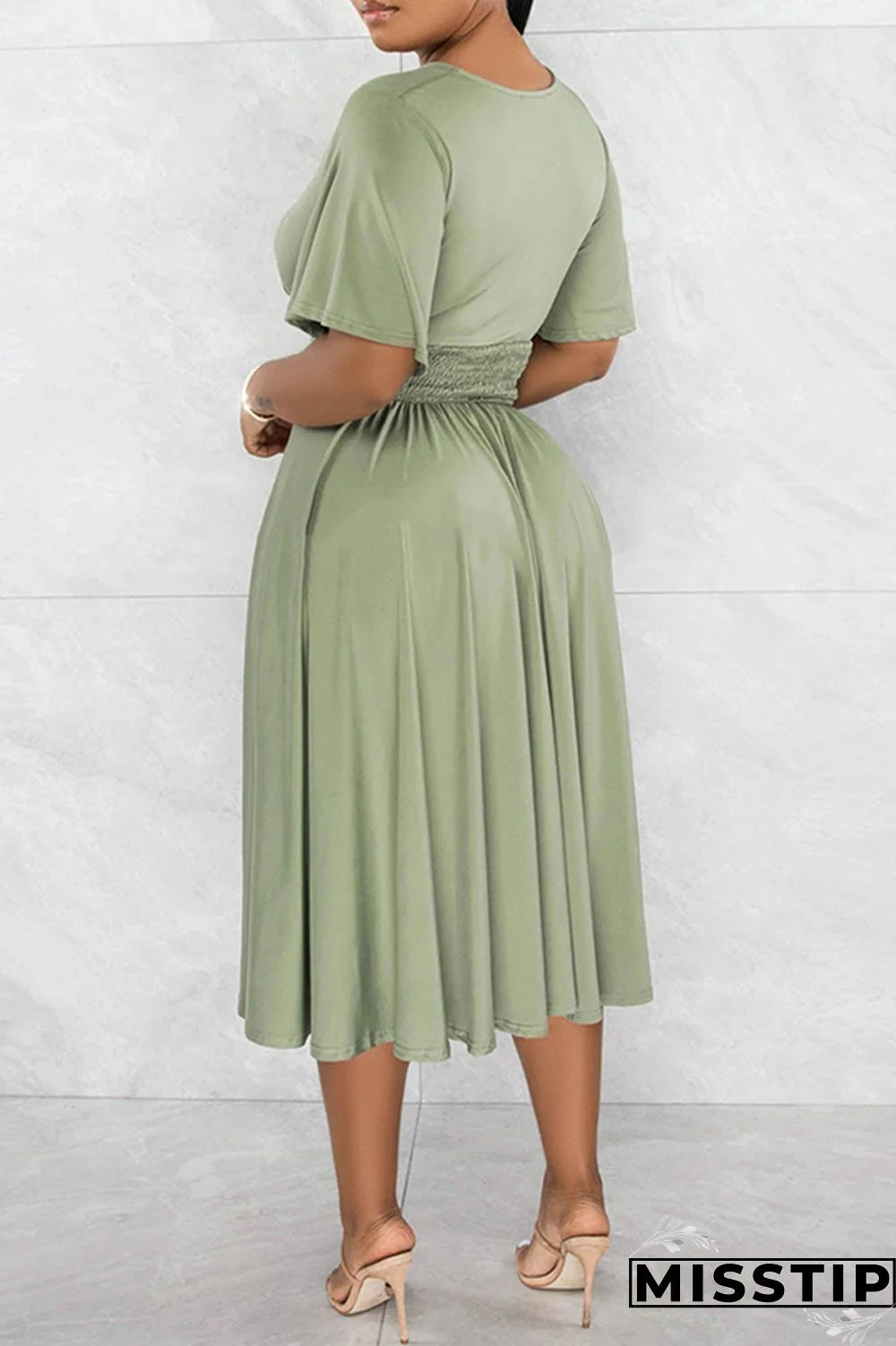 Black Casual Solid Patchwork V Neck Short Sleeve Dress