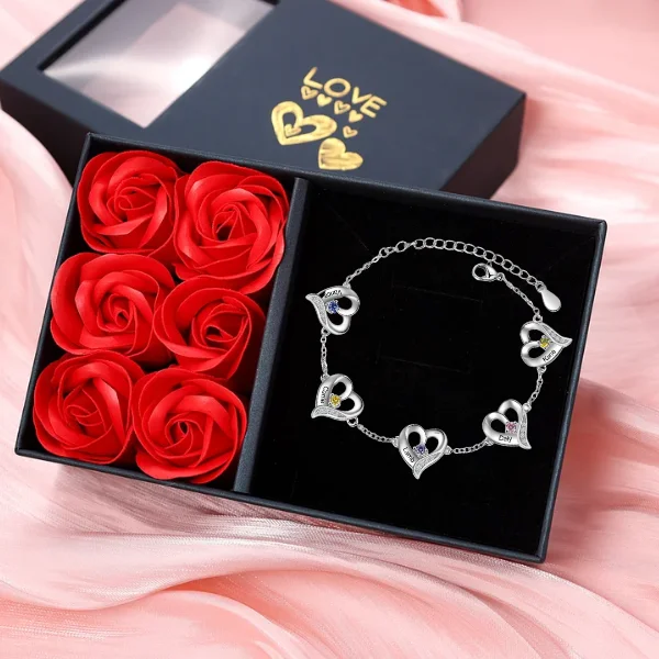 5 Names - Personalized Heart Bracelet Gift Set With Gift Box Custom Name & Birthstone Bracelet Gift For Her