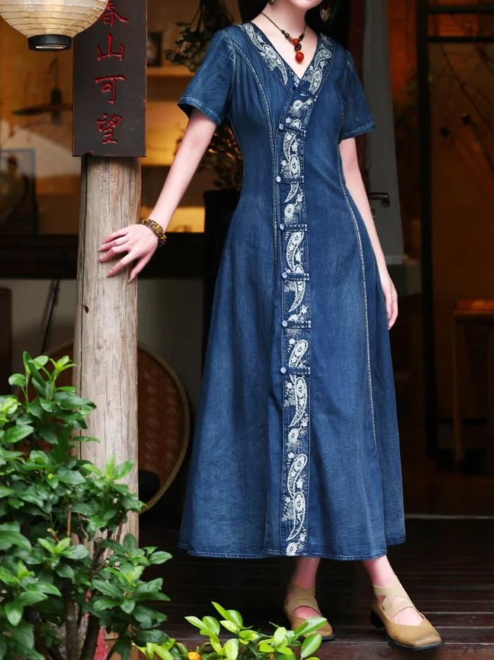 Women's Denim Embroidered Short Sleeve V-neck Maxi Dress