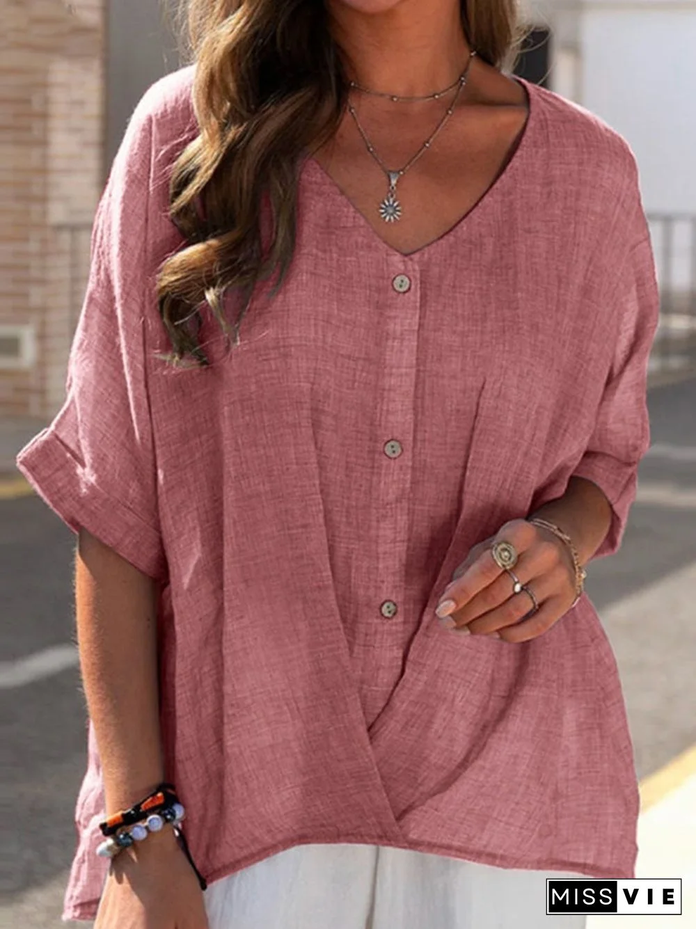 Retro Cotton Linen Simple Shirts Female Summer Fashion Solid V-Neck Short Sleeve Blouse Women Casual Commute Loose Blouses