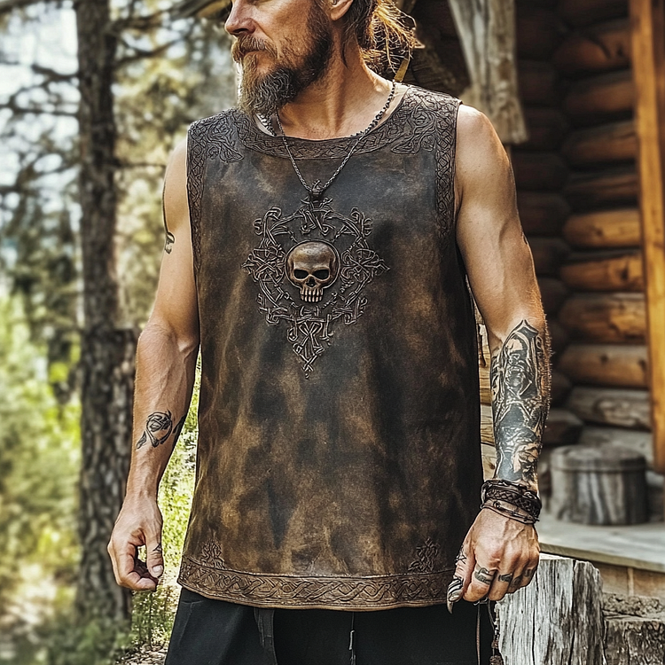 Men's Distressed Viking Skull Rune Leather Casual Vest