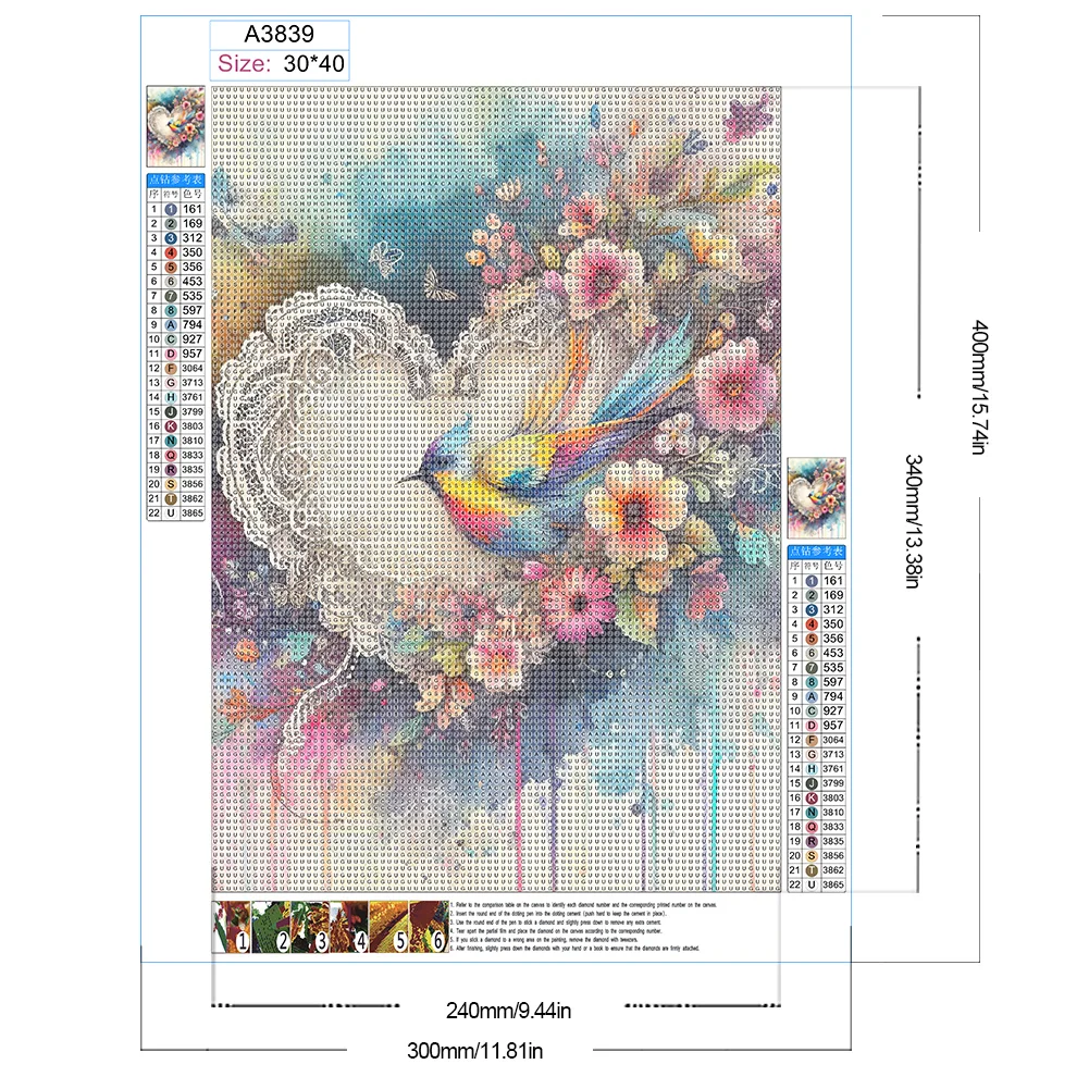 Full Round Diamond Painting 30*40cm - Love Heart And Colorful Bird