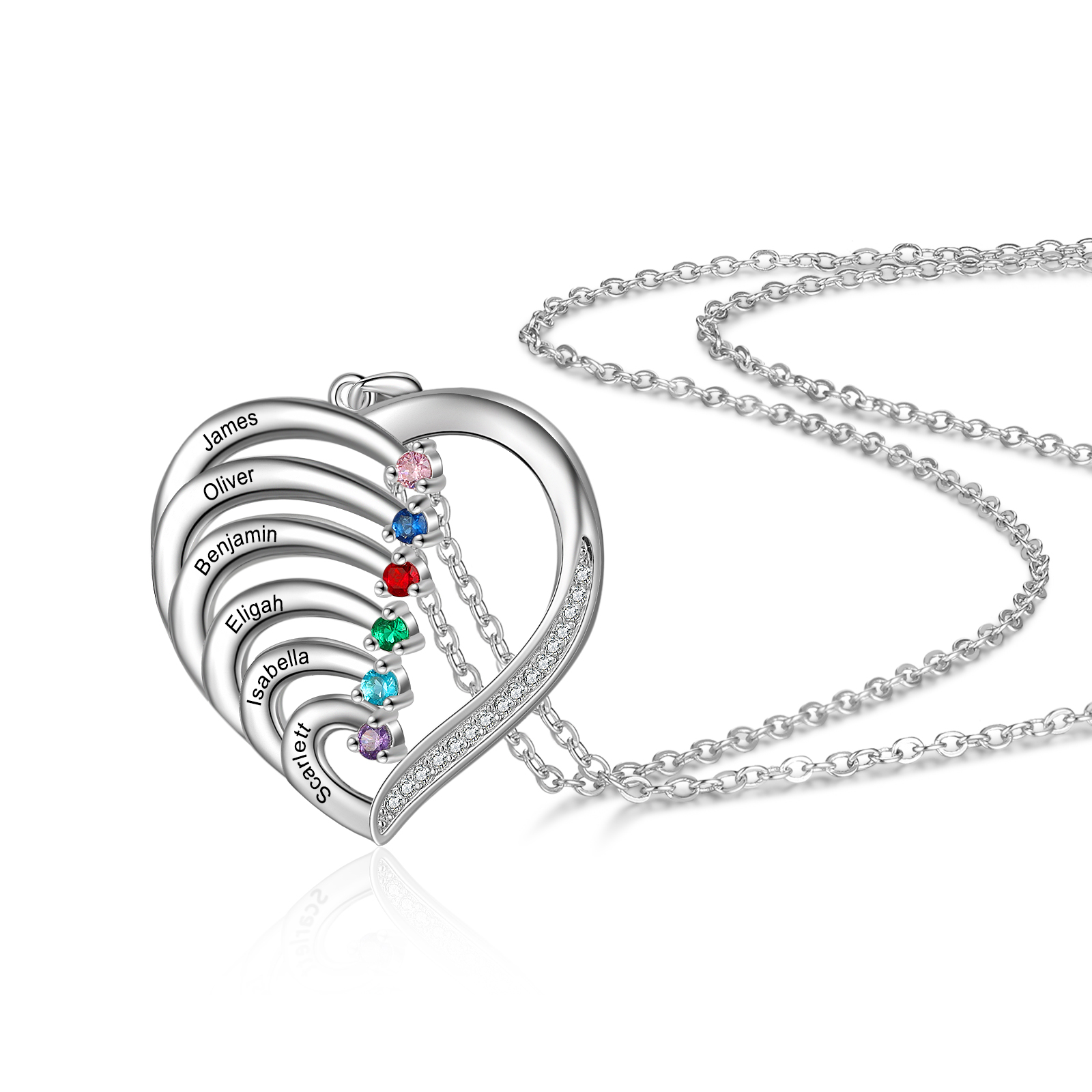 Argento S925 Collana con 6 nomi personalizzati e 6 pietre di nascita in ciondolo a cuore con scatola rosa