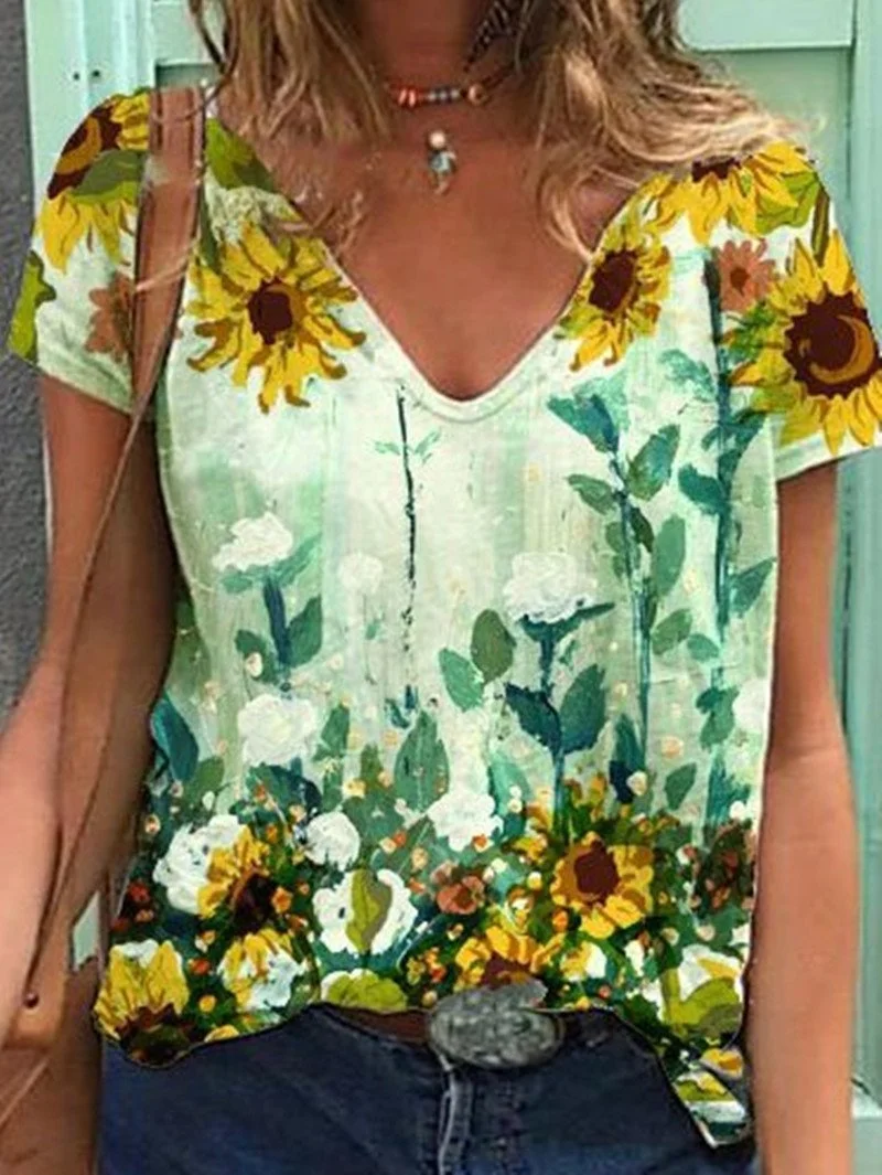 Women Short Sleeve V-neck Floral Printed Gradient Top