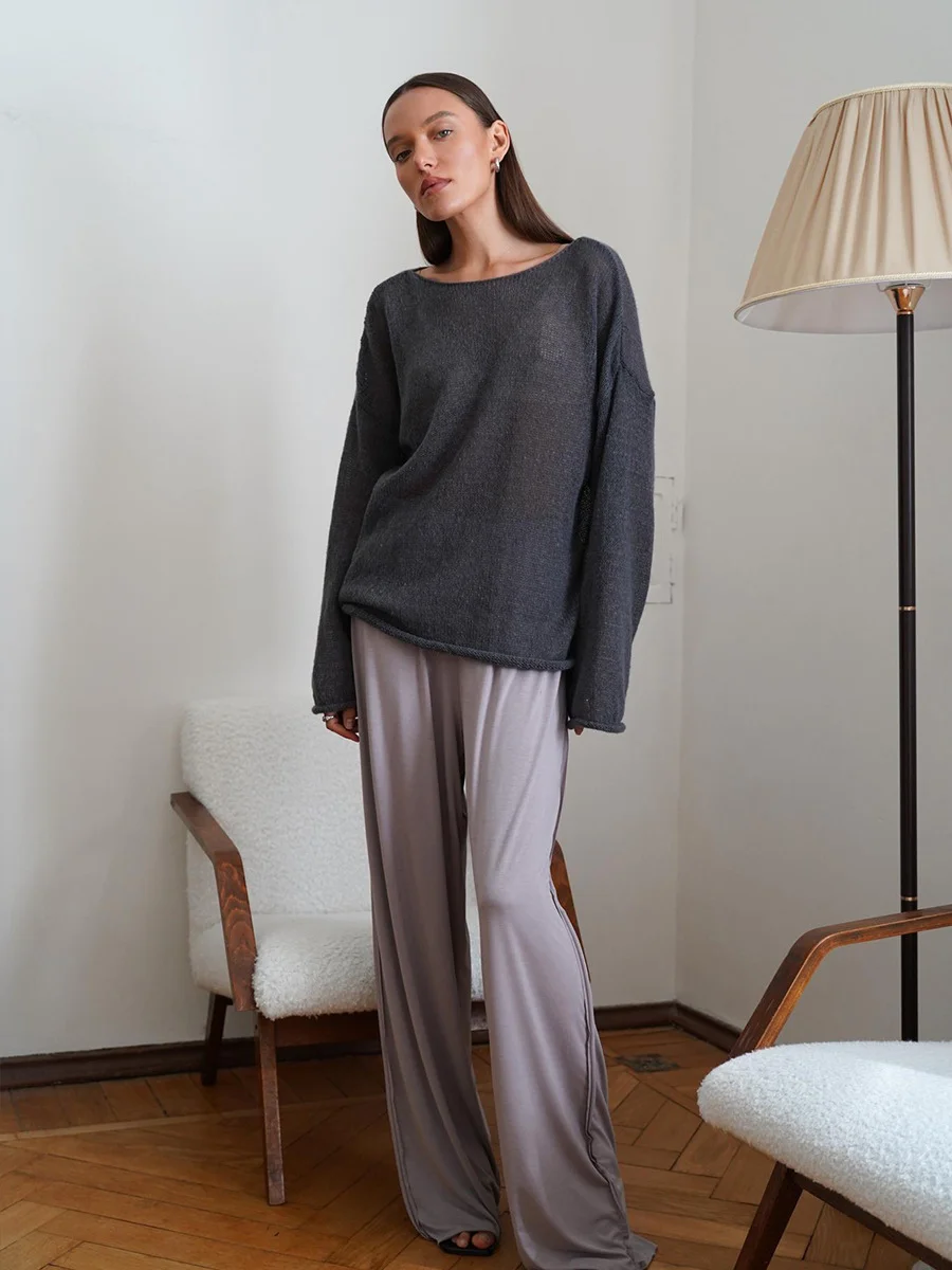 Athvotar Athvotar New Hollow Knitted Top 2025 New Round Collar Perspective Thin Sweater Woman